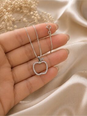 Silver Apple Pendant Necklace with CZ Accent